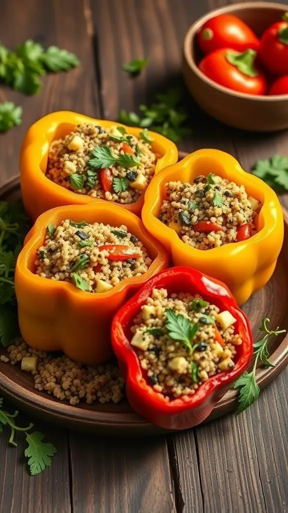 Stuffed bell peppers filled with quinoa and vegetables on a wooden plate, with fresh tomatoes in the background.