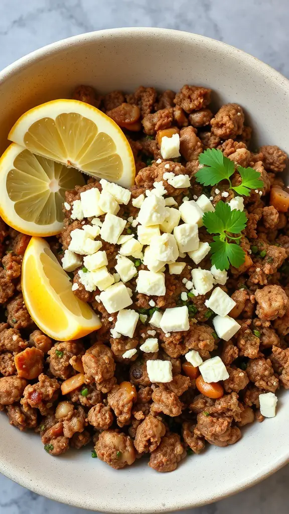 A bowl of Mediterranean ground beef stir fry topped with lemon slices and feta cheese.