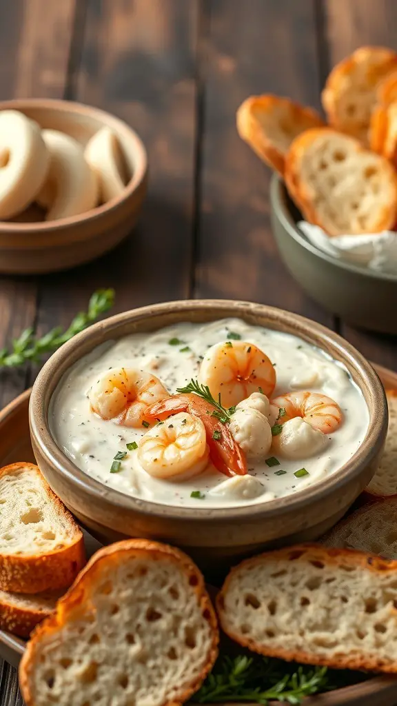A bowl of shrimp and artichoke dip surrounded by slices of toasted bread.