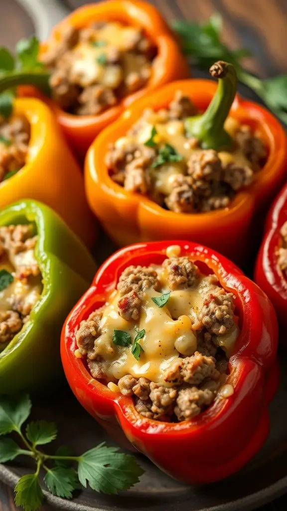Colorful stuffed bell peppers filled with hamburger meat and cheese
