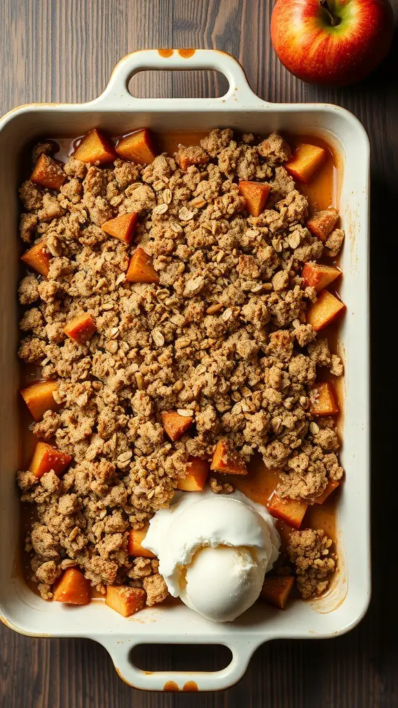 A delicious apple crisp with oat topping in a baking dish, served with a scoop of vanilla ice cream.