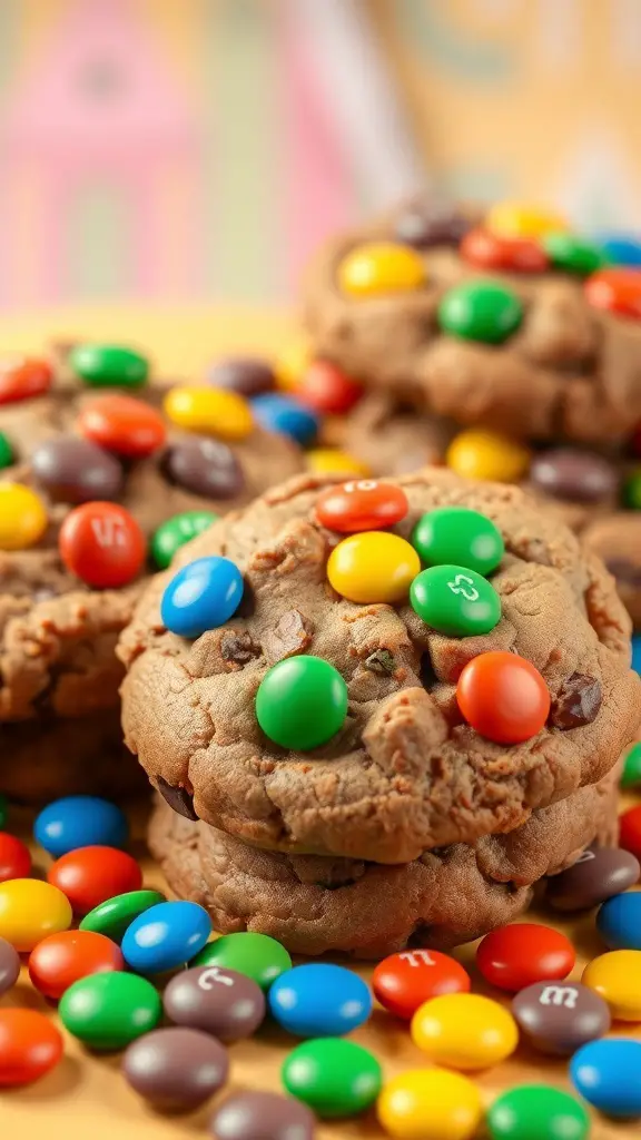 A close-up of Toffee M&M cookies with colorful candies scattered around.