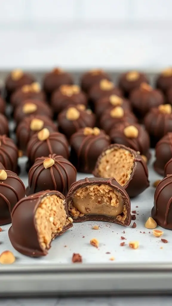 A tray of chocolate hazelnut fat bombs, some whole and some cut in half to show the creamy filling.