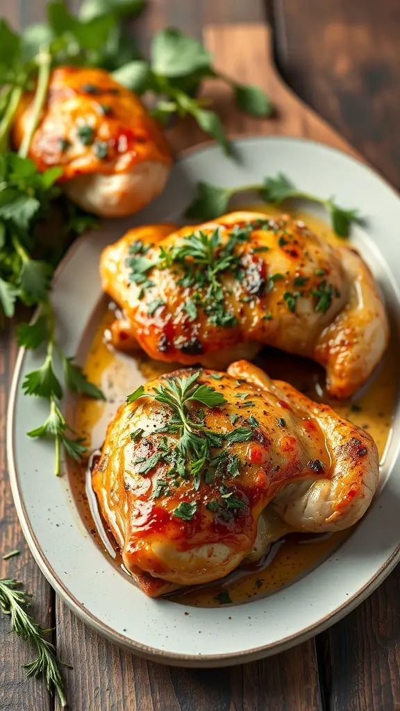 Herb-roasted chicken thighs garnished with fresh herbs on a plate.