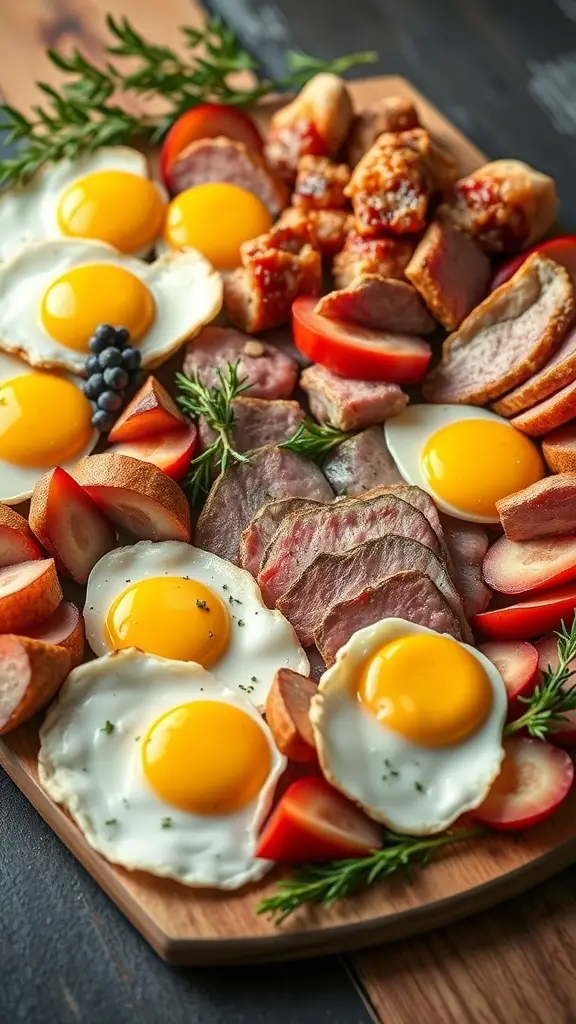 A wooden breakfast board featuring eggs, various meats, and fresh vegetables.