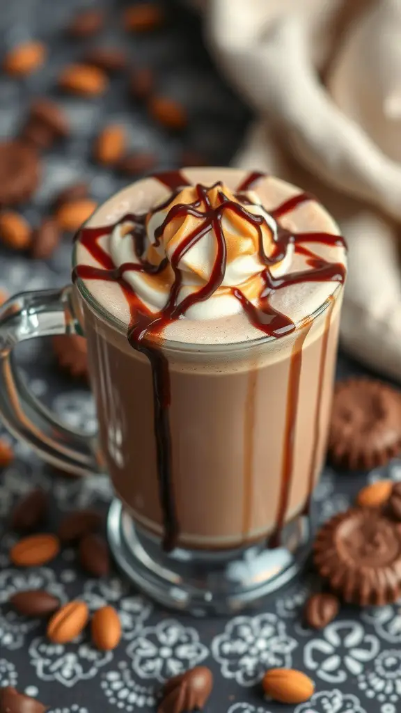 A mug of Peanut Butter Cup Hot Chocolate topped with whipped cream and chocolate syrup, surrounded by almonds and cookies.