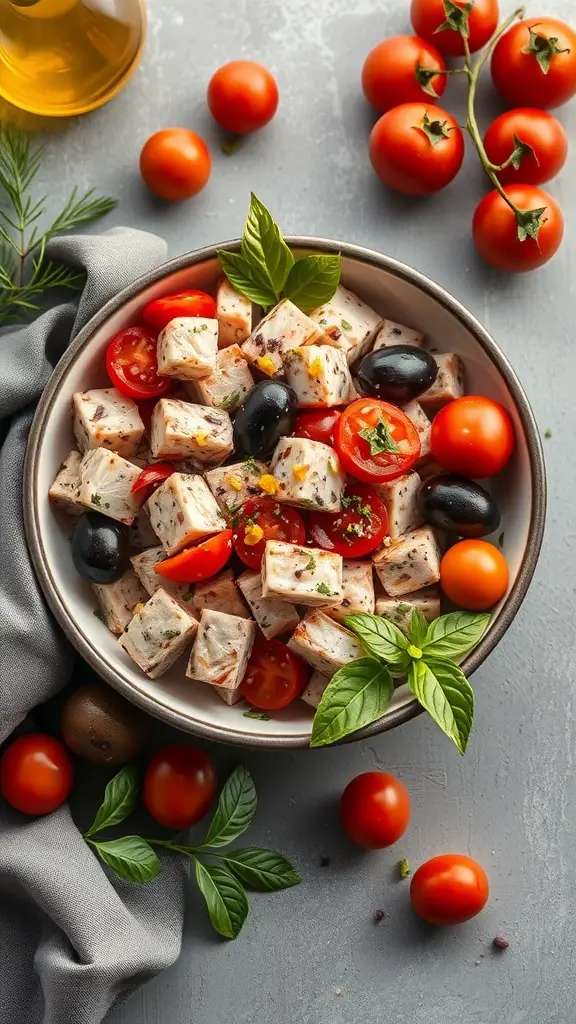 A Mediterranean Tuna Bowl with cherry tomatoes, black olives, and fresh basil, drizzled with olive oil.