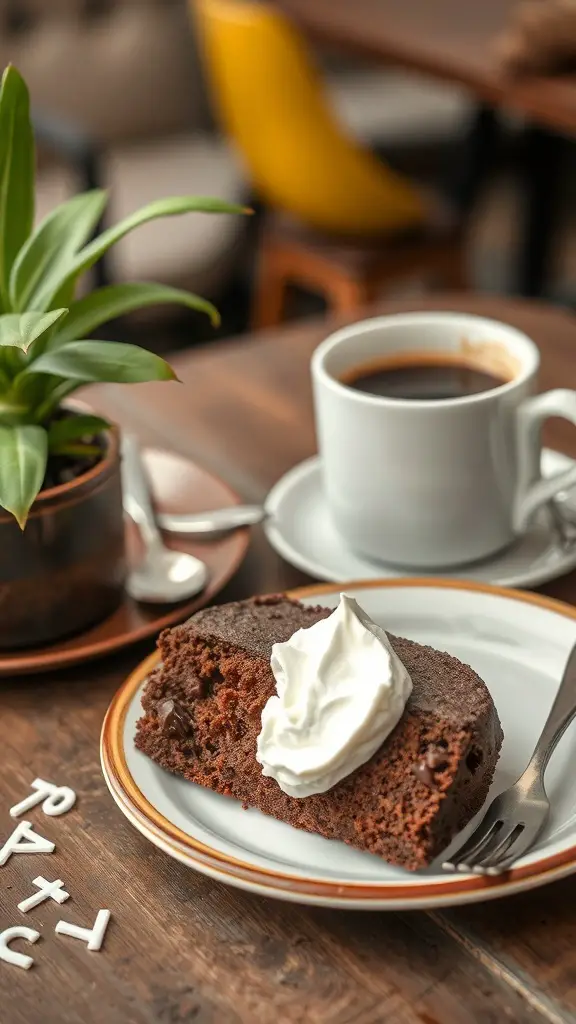 A slice of chocolate banana bread topped with whipped cream, served with a cup of coffee.