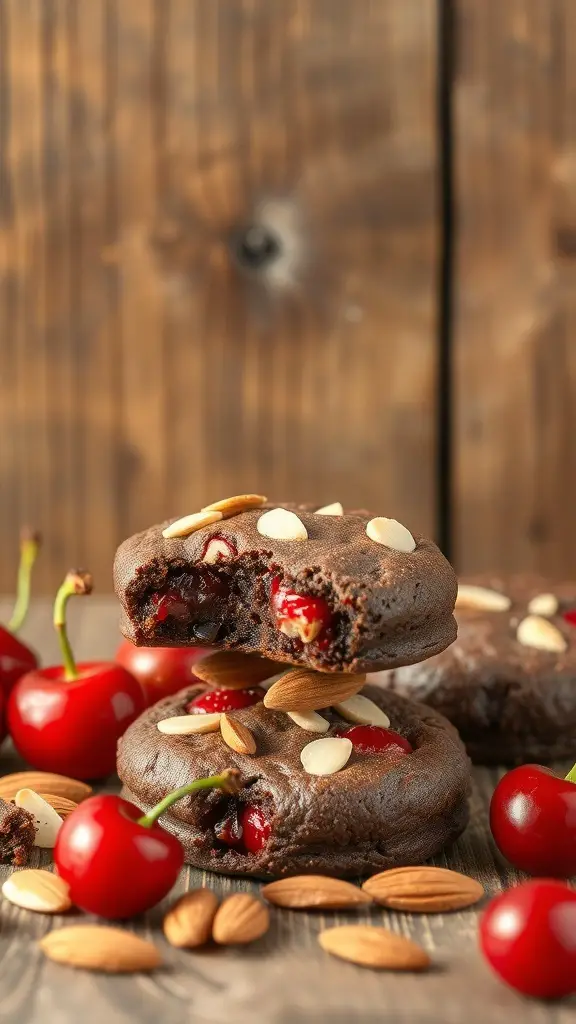 Cherry almond brownie cookies with fresh cherries and almonds