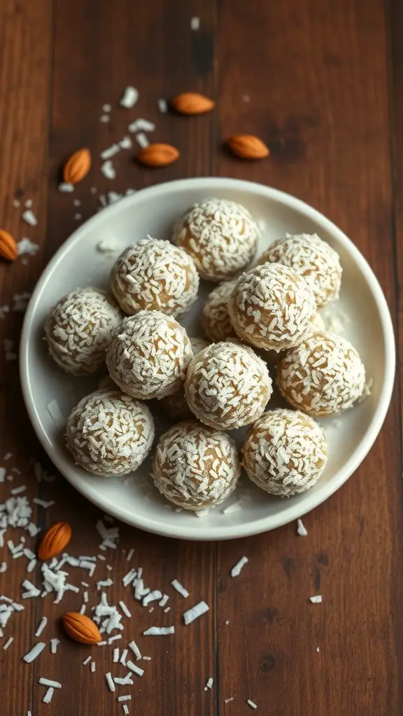 A plate of almond butter energy balls coated in shredded coconut, with scattered almonds on a wooden surface.