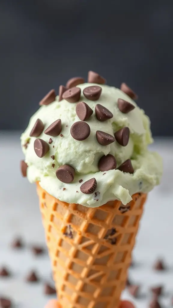 A scoop of mint chocolate chip ice cream in a cone, topped with chocolate chips.