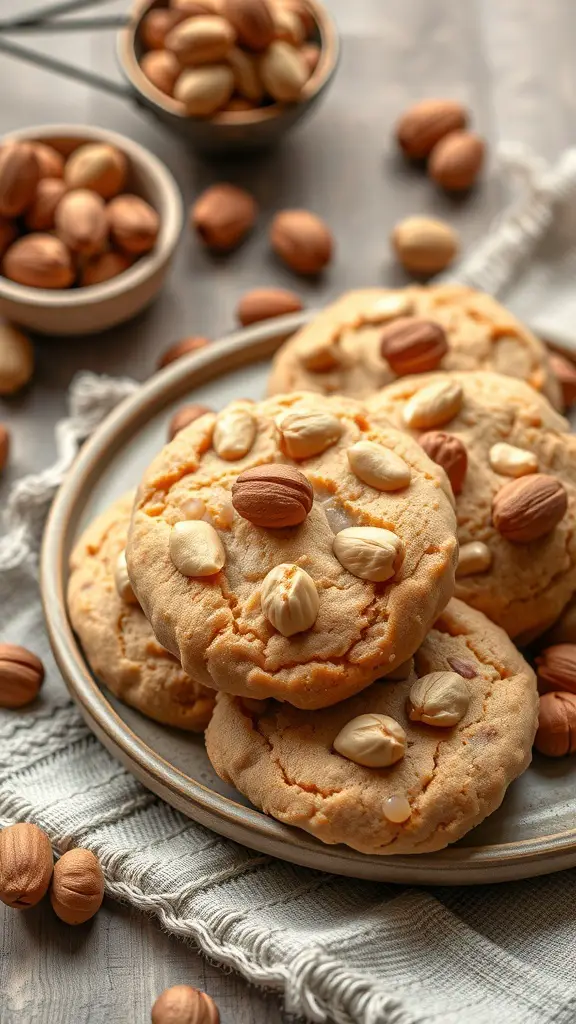 Plate of toffee hazelnut cookies topped with whole hazelnuts