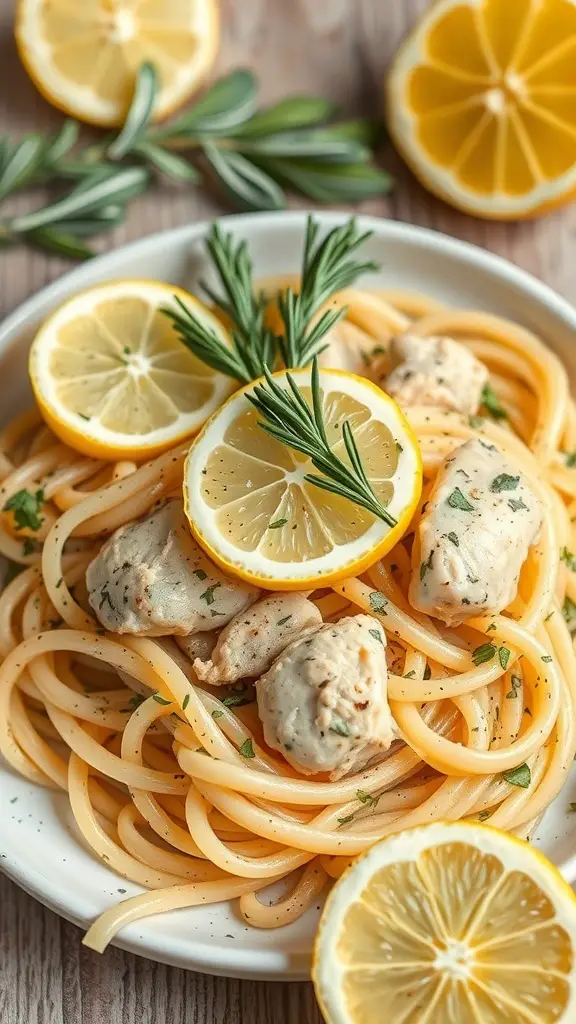 A plate of Lemon Herb Chicken Fettuccine garnished with lemon slices and herbs.