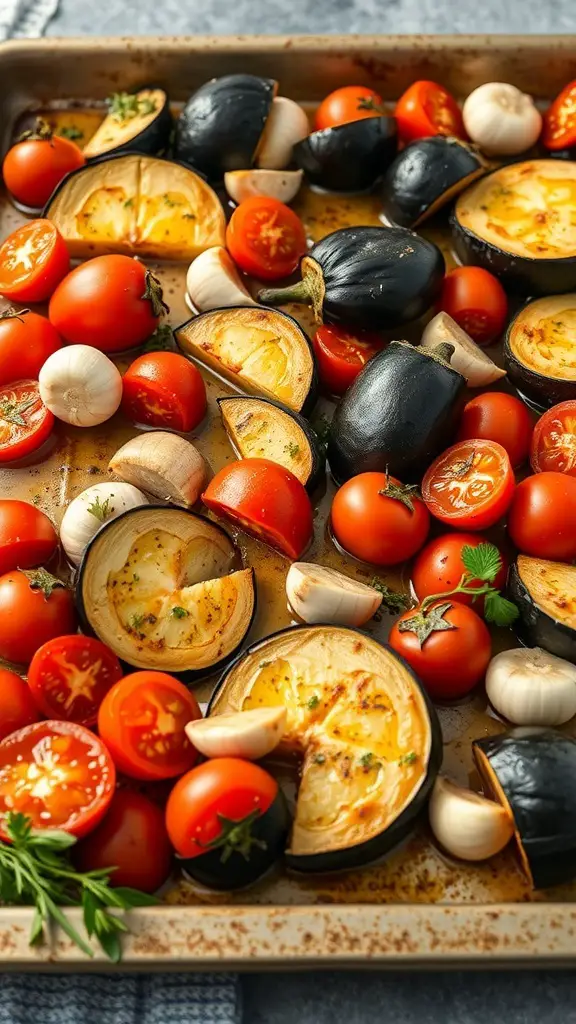 A sheet pan filled with roasted eggplant and tomatoes, showcasing vibrant colors and textures.