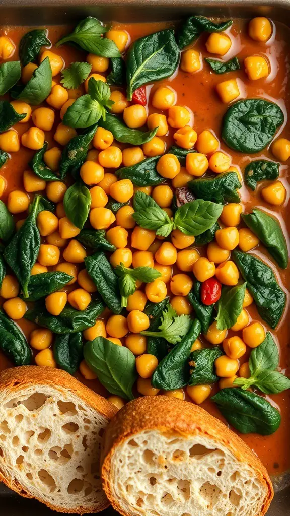 A colorful chickpea and spinach stew with fresh herbs and slices of bread on the side.