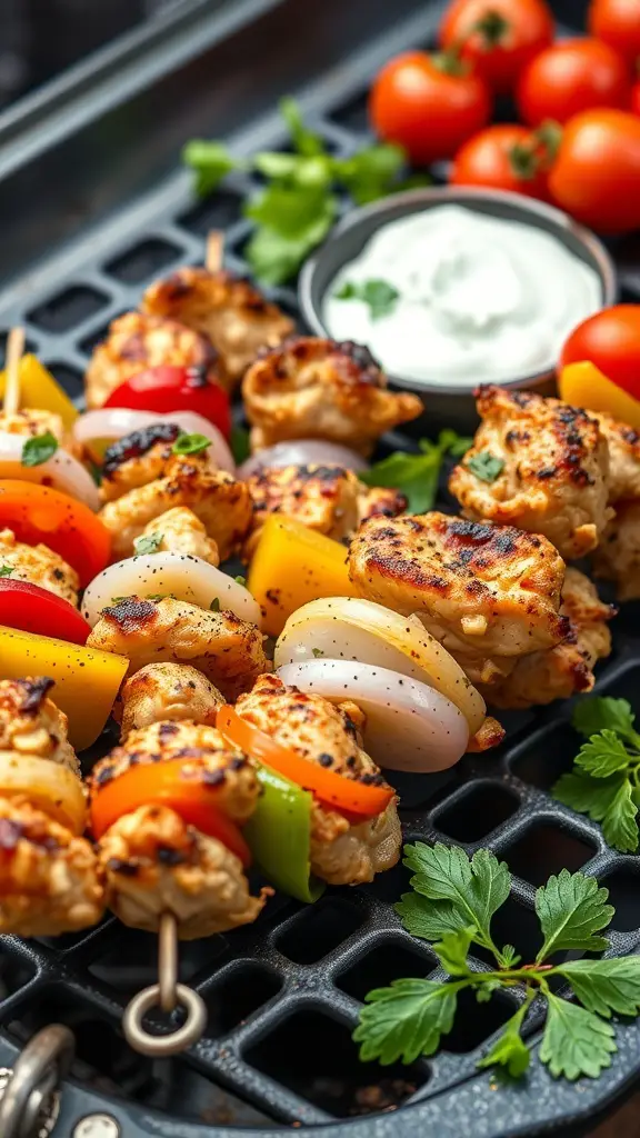 Grilled Mediterranean chicken skewers with colorful vegetables and a yogurt dip