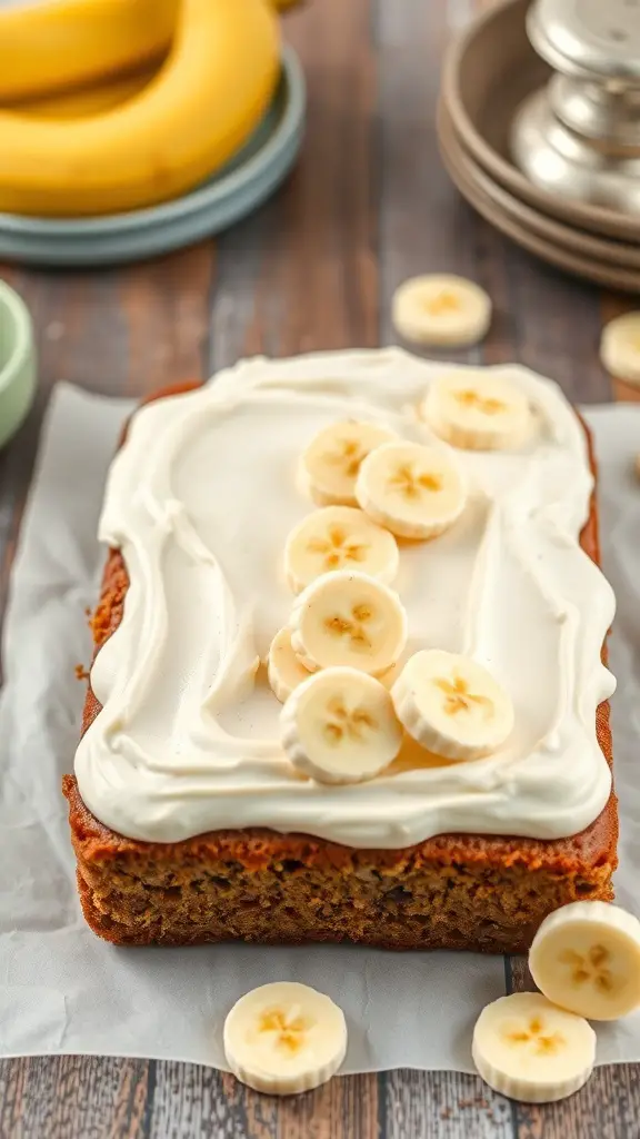 A banana bread sheet cake topped with cream frosting and banana slices, with ripe bananas in the background.