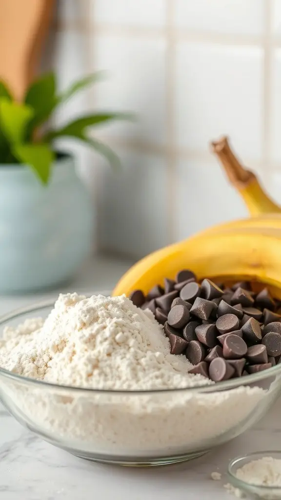 Ingredients for chocolate banana bread including flour, chocolate chips, and bananas.