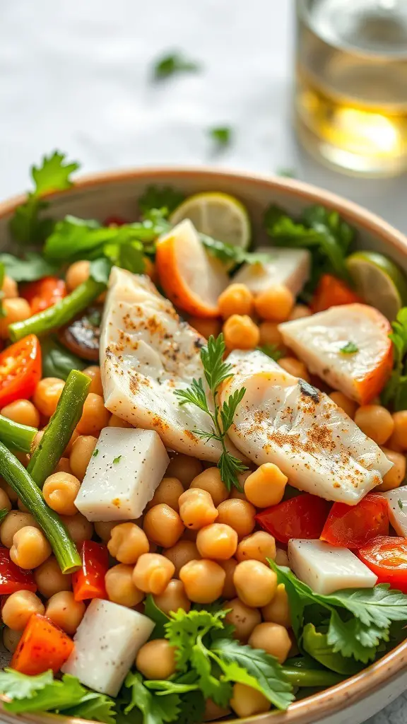 A colorful Mediterranean fish and chickpea salad with fresh vegetables and herbs.