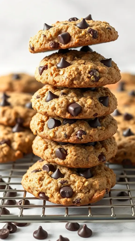 A stack of chocolate chip oatmeal cookies on a cooling rack, with chocolate chips scattered around.