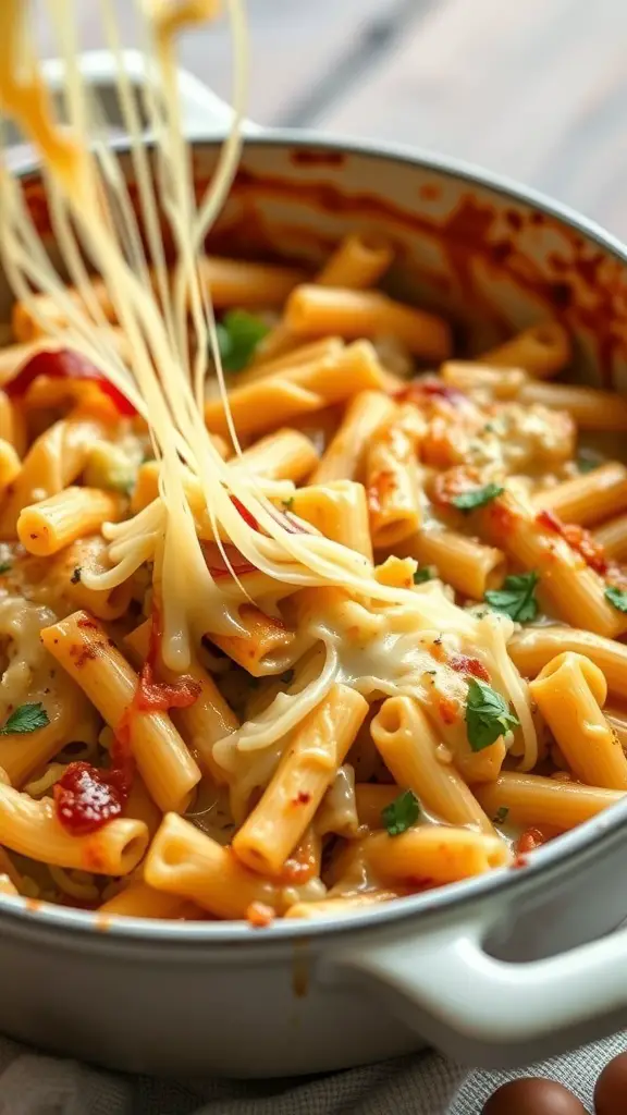 A delicious cabbage and cheese pasta bake with melted cheese and pasta