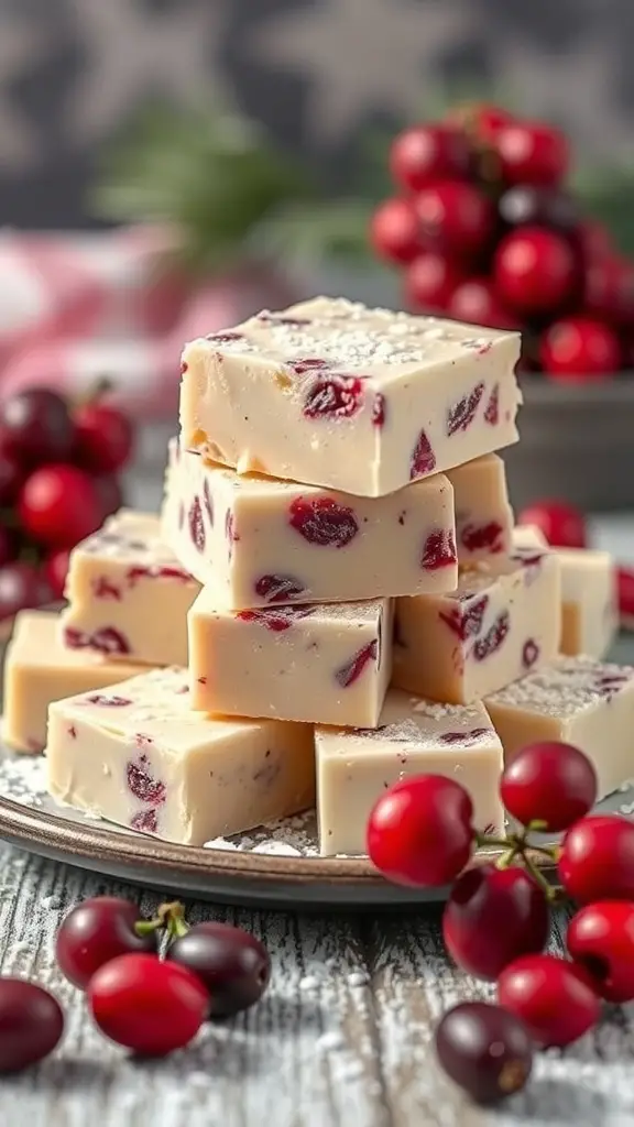 Delicious white chocolate cranberry fudge stacked on a plate with fresh cranberries around it.