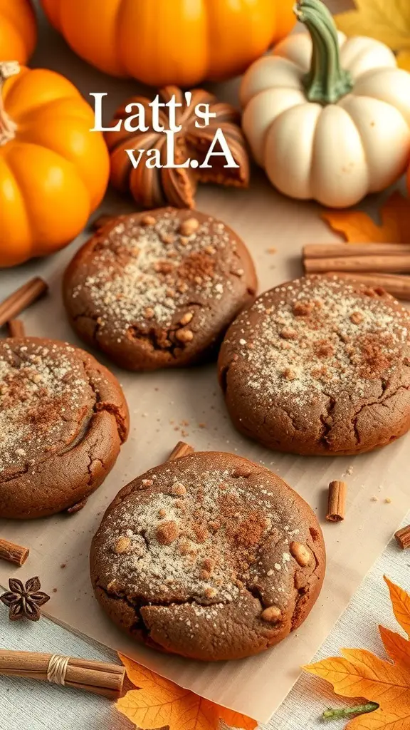 Pumpkin Spice Brownie Cookies surrounded by pumpkins and autumn leaves