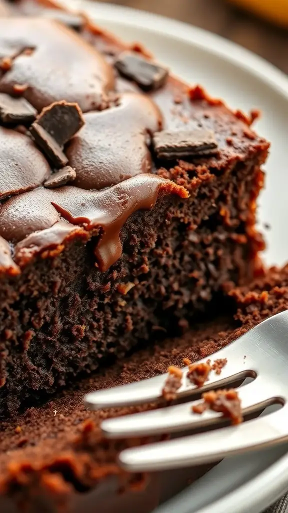 A close-up of a slice of chocolate banana bread with chocolate chunks on top, served on a plate with a fork.