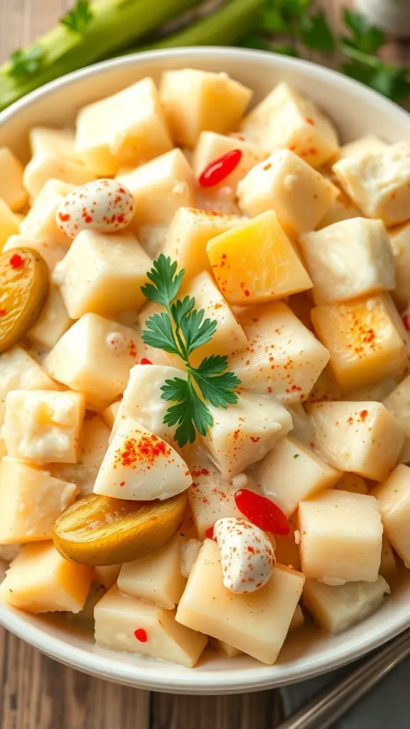 A bowl of classic Southern potato salad with diced potatoes, hard-boiled eggs, and garnishes.