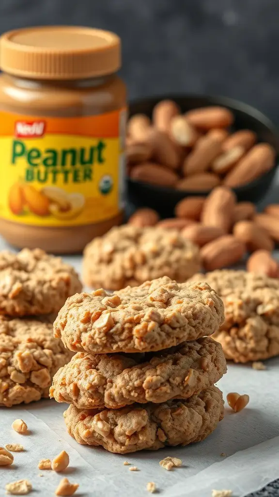 A stack of peanut butter oatmeal cookies with a jar of peanut butter and whole peanuts in the background.