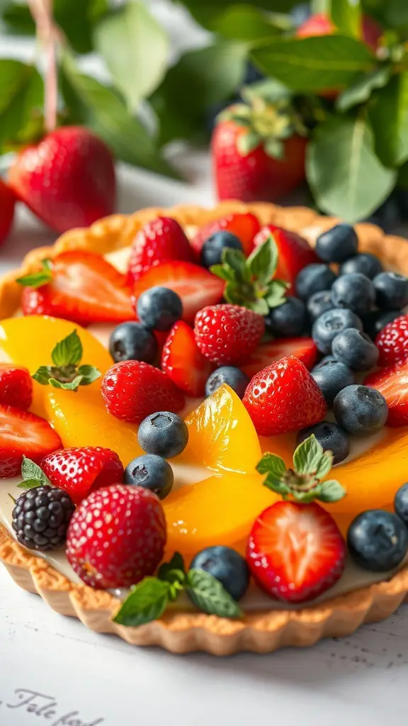A colorful fruit tart with custard topped with strawberries, blueberries, and peaches.