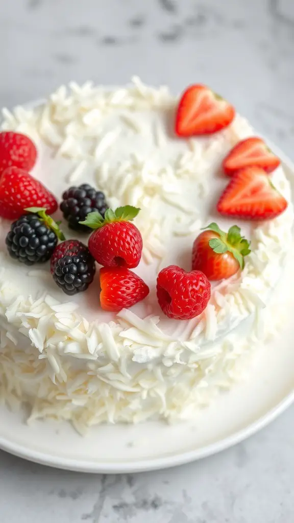 A beautifully decorated coconut cream cake topped with fresh strawberries, raspberries, blackberries, and coconut flakes.