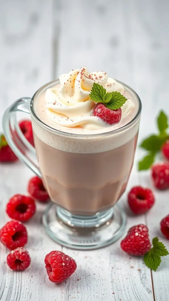 A glass of White Chocolate Raspberry Delight topped with whipped cream, fresh raspberries, and mint leaves.