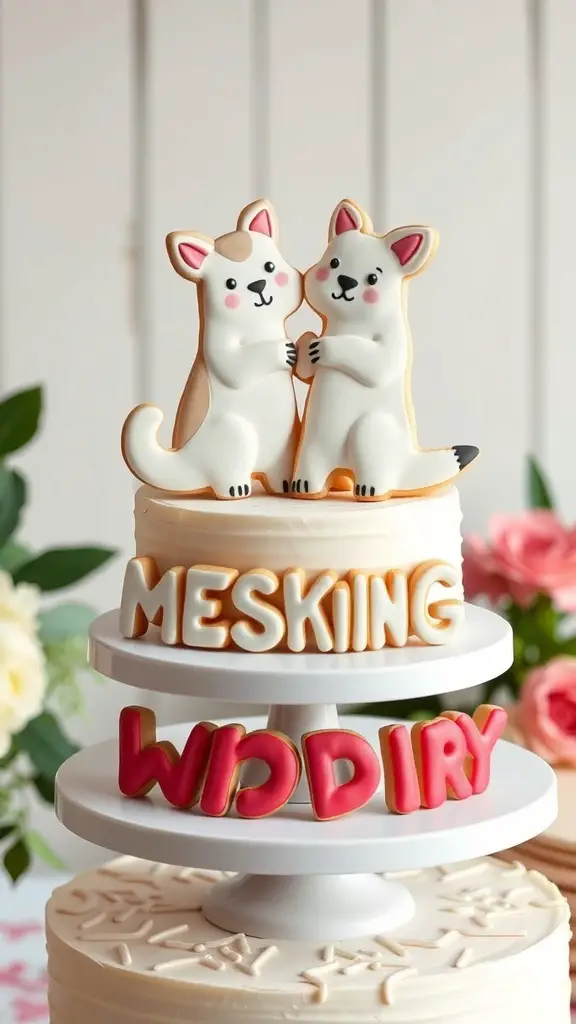 Two cartoon-like animal cake toppers on a wedding cake with colorful letters.