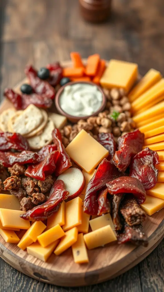 A colorful beef jerky and cheese platter featuring various cheeses, jerky, crackers, and veggies.