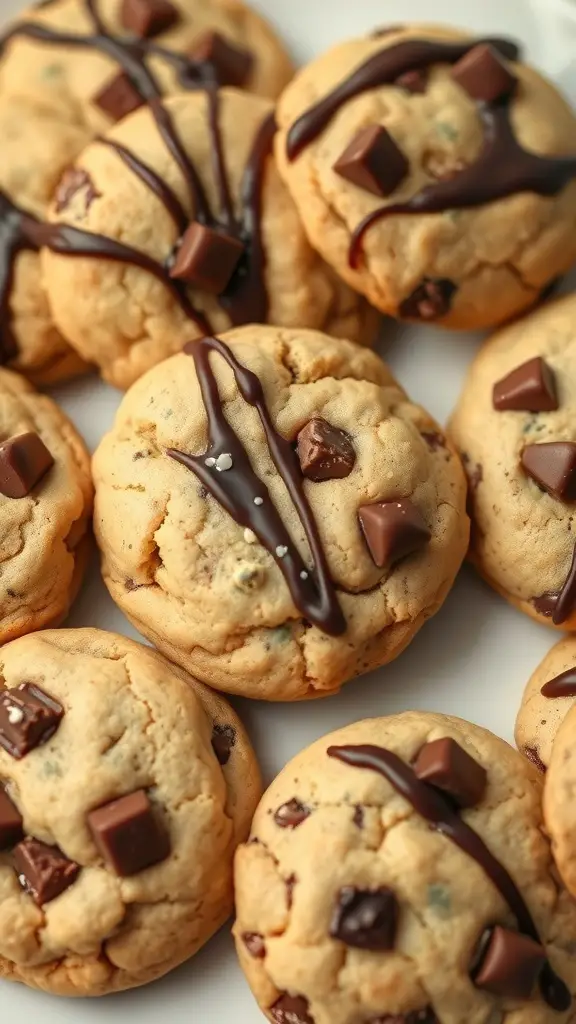 A plate of double chocolate chunk cookies with melted chocolate and chocolate chunks on top.