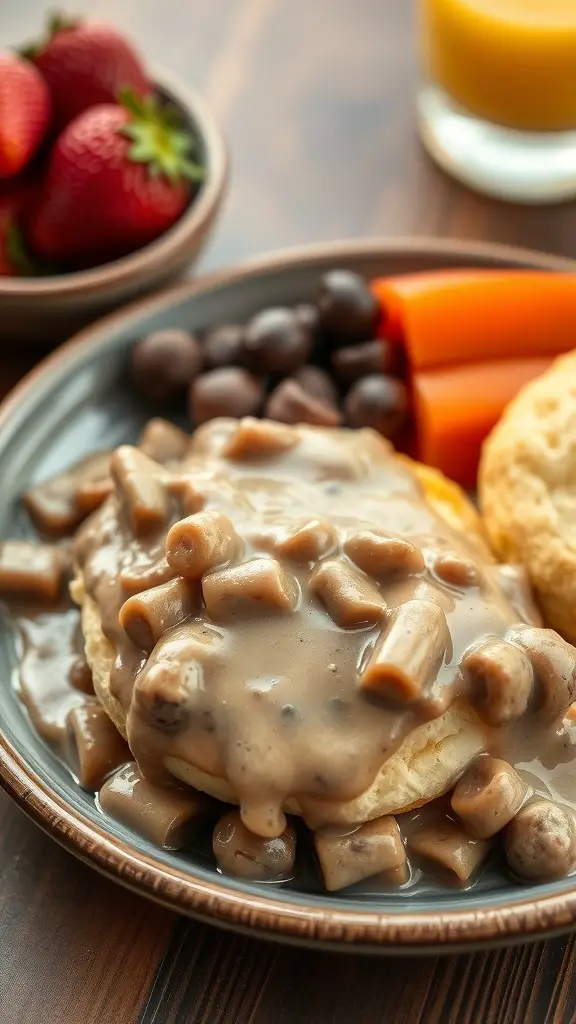 Plate of biscuits topped with sausage gravy, served with strawberries, chocolate-covered snacks, and carrot sticks.