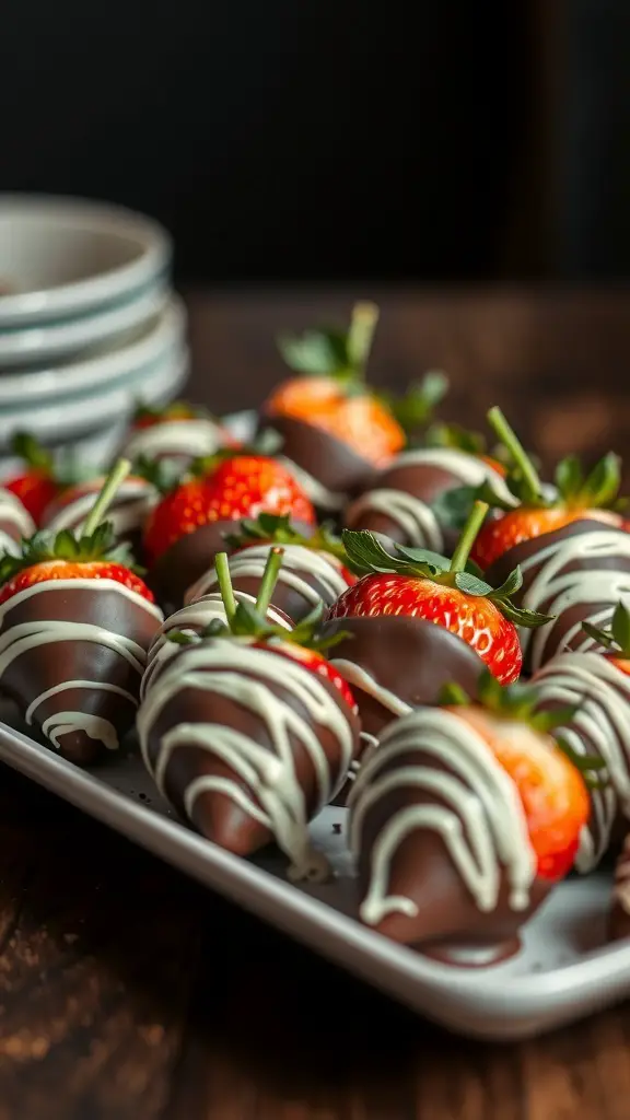 A platter of chocolate-covered strawberries drizzled with white chocolate.
