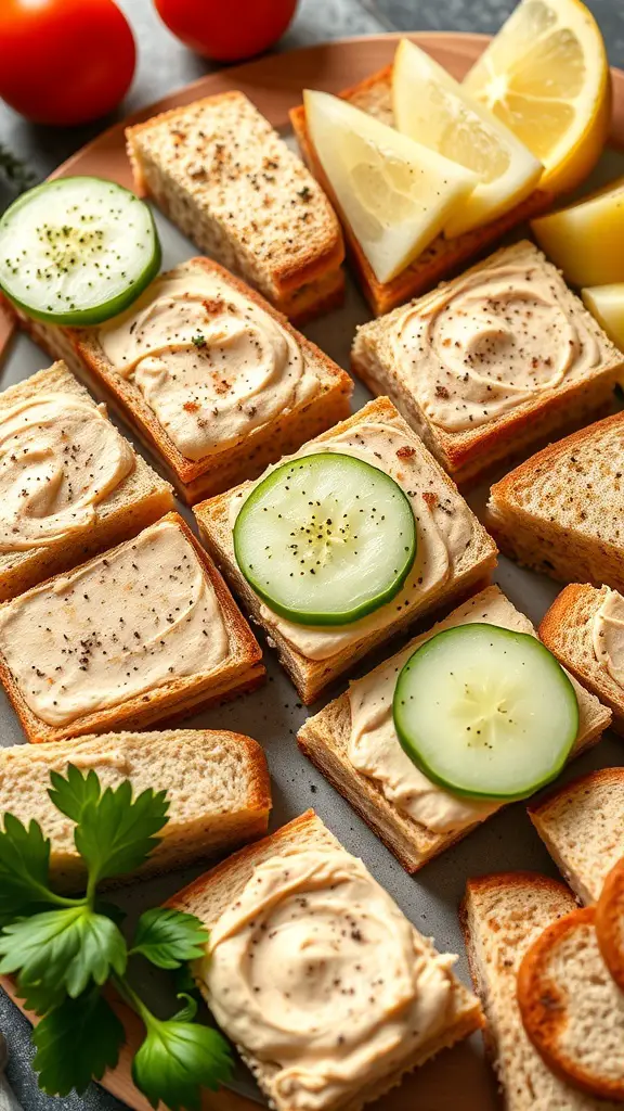 Cucumber and hummus sandwiches arranged on a platter with lemon wedges and cherry tomatoes