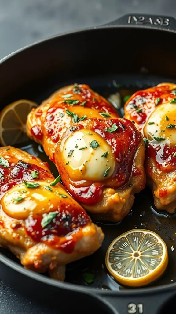 Cooked chicken thighs with garlic butter sauce and lemon slices