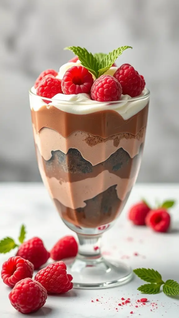 A delicious Chocolate Raspberry Parfait with layers of chocolate and raspberries, topped with whipped cream and fresh mint.