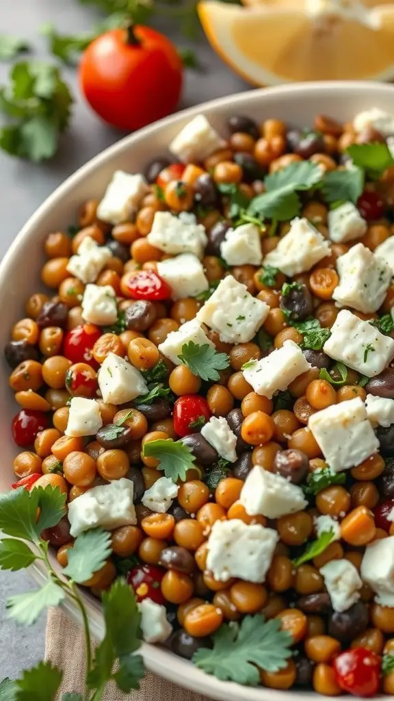 A vibrant lentil salad with feta cheese, cherry tomatoes, and fresh herbs in a bowl.