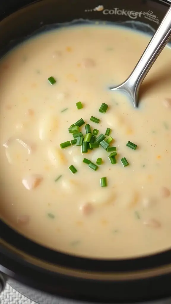A bowl of rich and creamy potato soup topped with fresh chives.