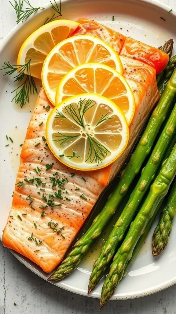 Baked salmon with lemon slices and dill, served with asparagus