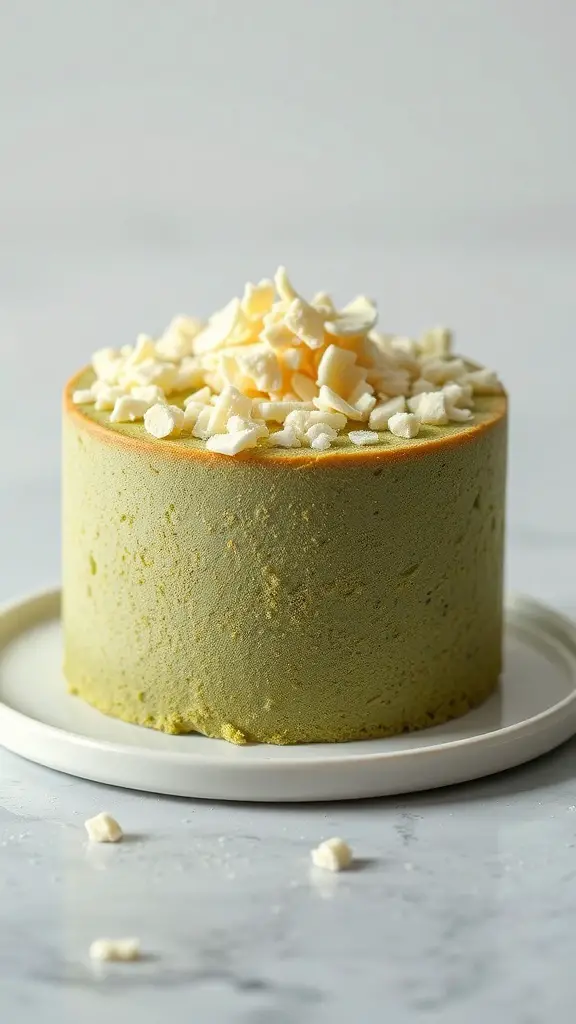 A Matcha Green Tea Cake topped with white chocolate shavings on a white plate.