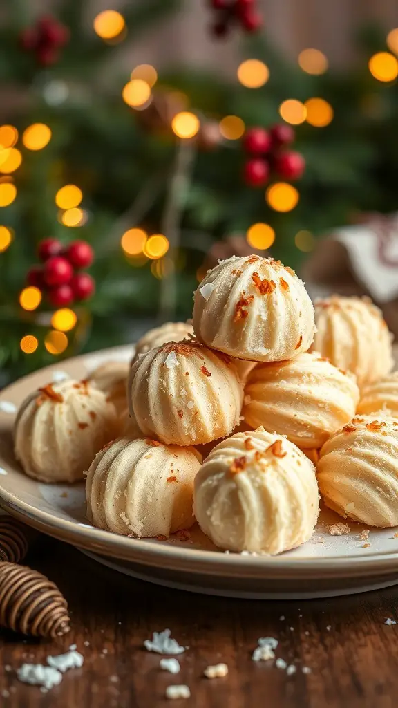 A plate of coconut macaroons with festive decorations in the background