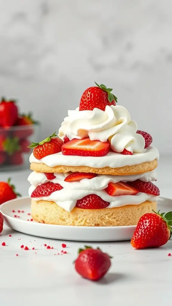 A delicious Strawberry Shortcake Poke Cake with layers of whipped cream and fresh strawberries.