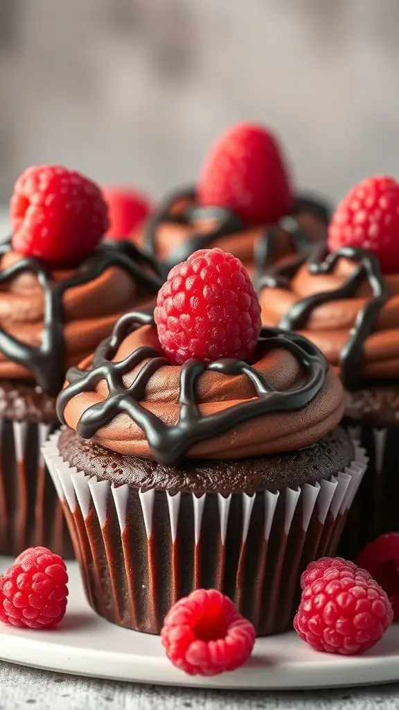 Chocolate raspberry cupcakes with fresh raspberries on top