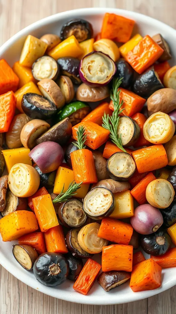 A colorful roasted vegetable platter featuring squash, mushrooms, and bell peppers.