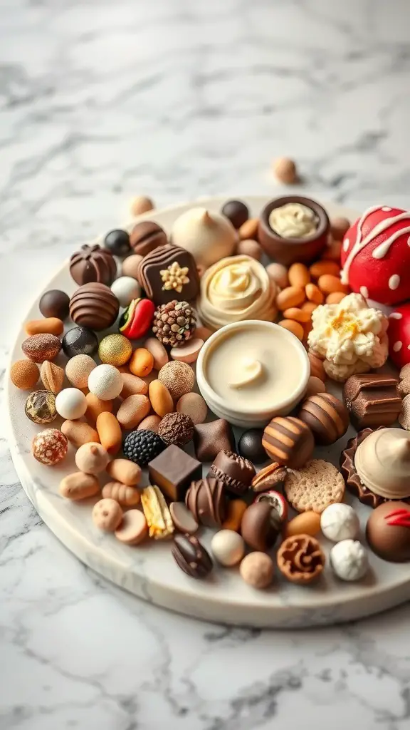 A beautifully arranged sweet treats grazing board with various chocolates and candies.